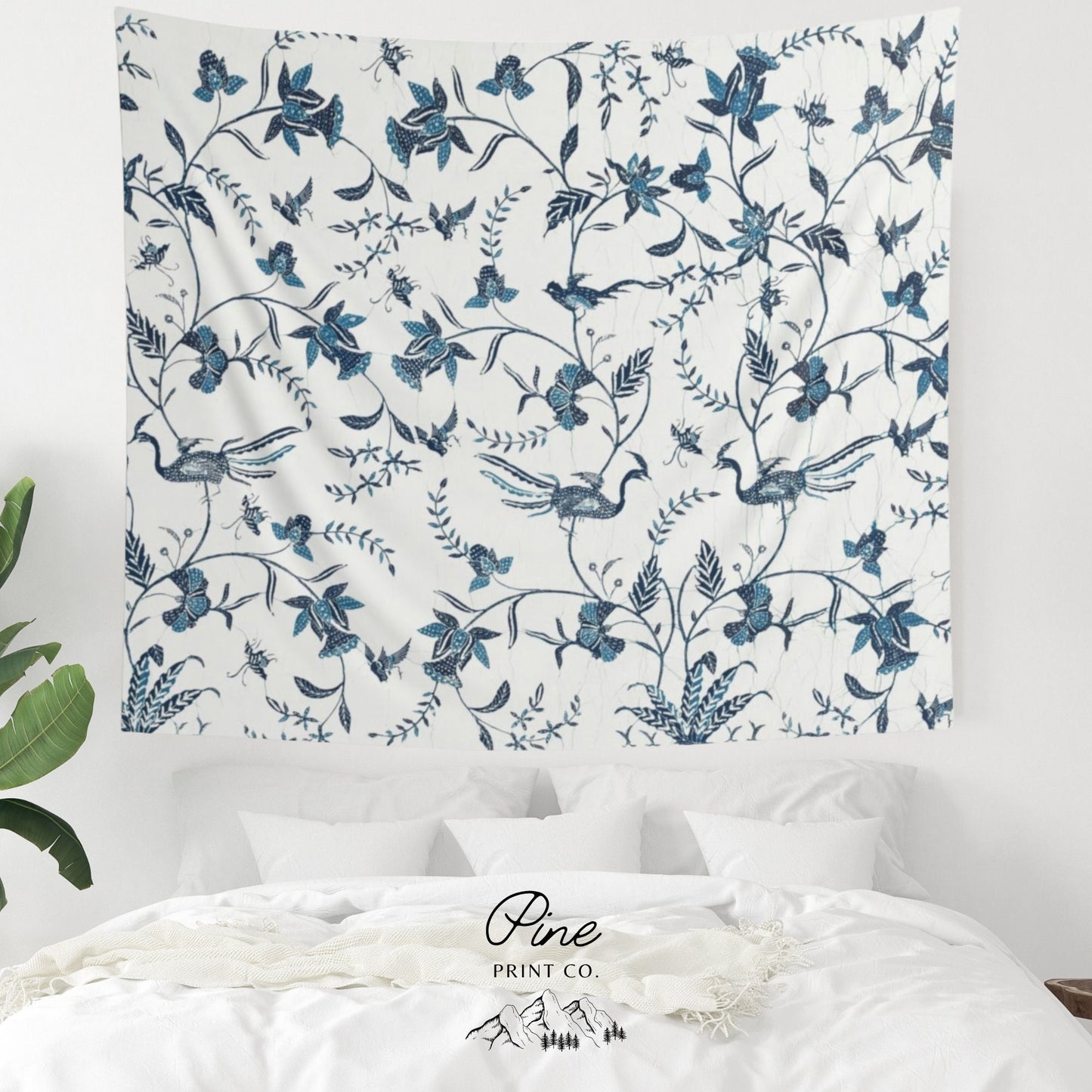 Blue White Indonesian Folk Vintage Fine Art Tapestry