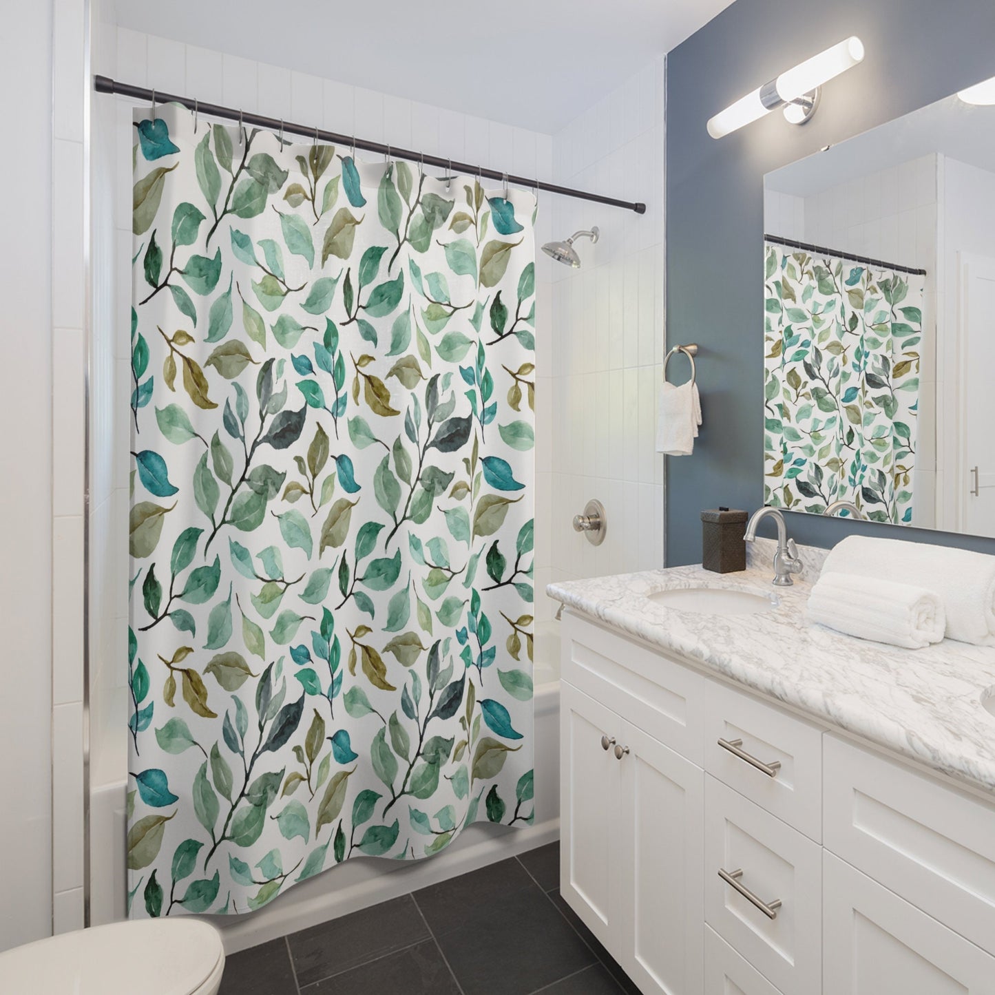 Green Shower Curtain, Botanical Bathroom, Plant Shower Curtain, Watercolor Plants, Nature Bathroom, Plant Pattern, Nature Shower
