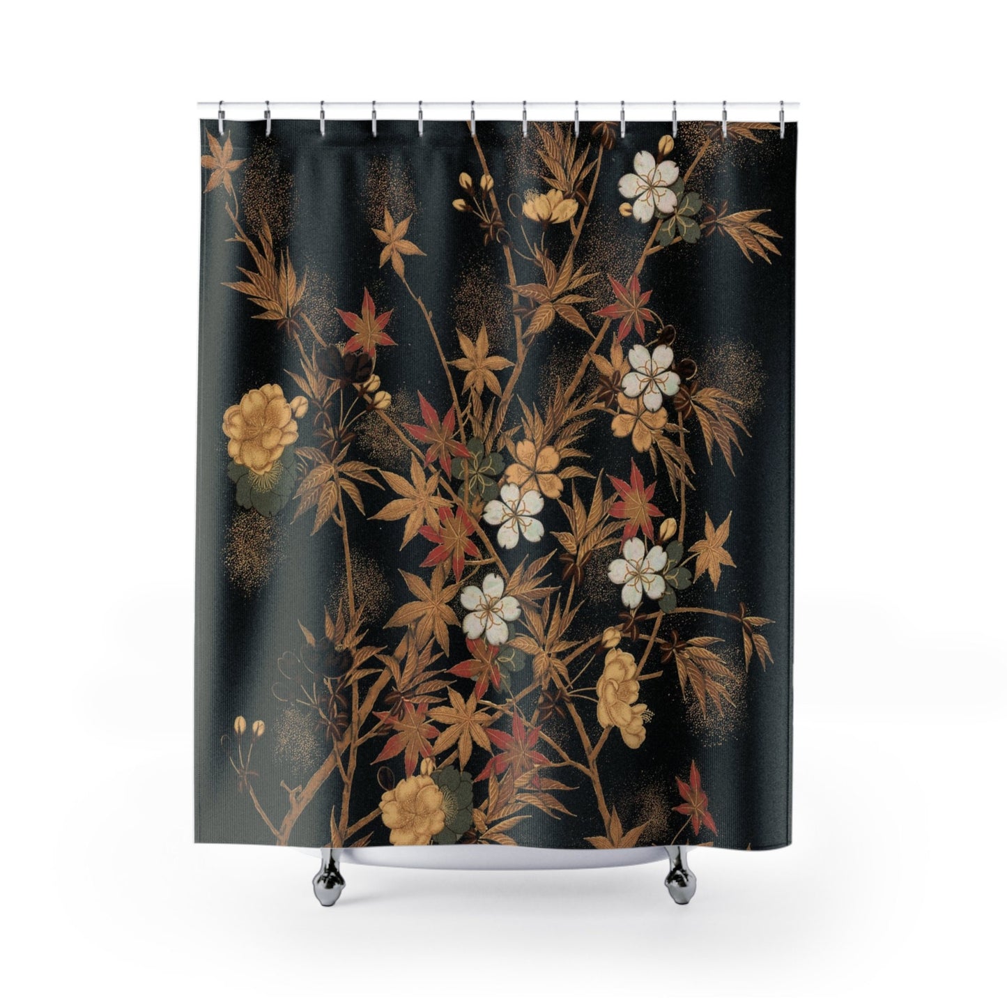 Black Shower Curtain, Black Floral, Botanical Shower Curtain, Vintage Shower Curtain, Floral Shower Curtain, Black Bathroom, Gold Bathroom