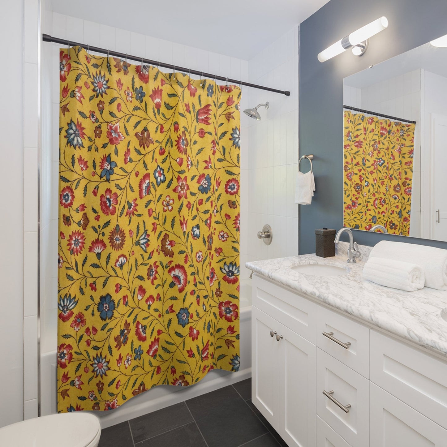 Yellow Bathroom, Shower Curtain, Vintage Floral, Botanical Shower Curtain, Vintage Shower Curtain, Art Shower Curtain, Floral Bathroom