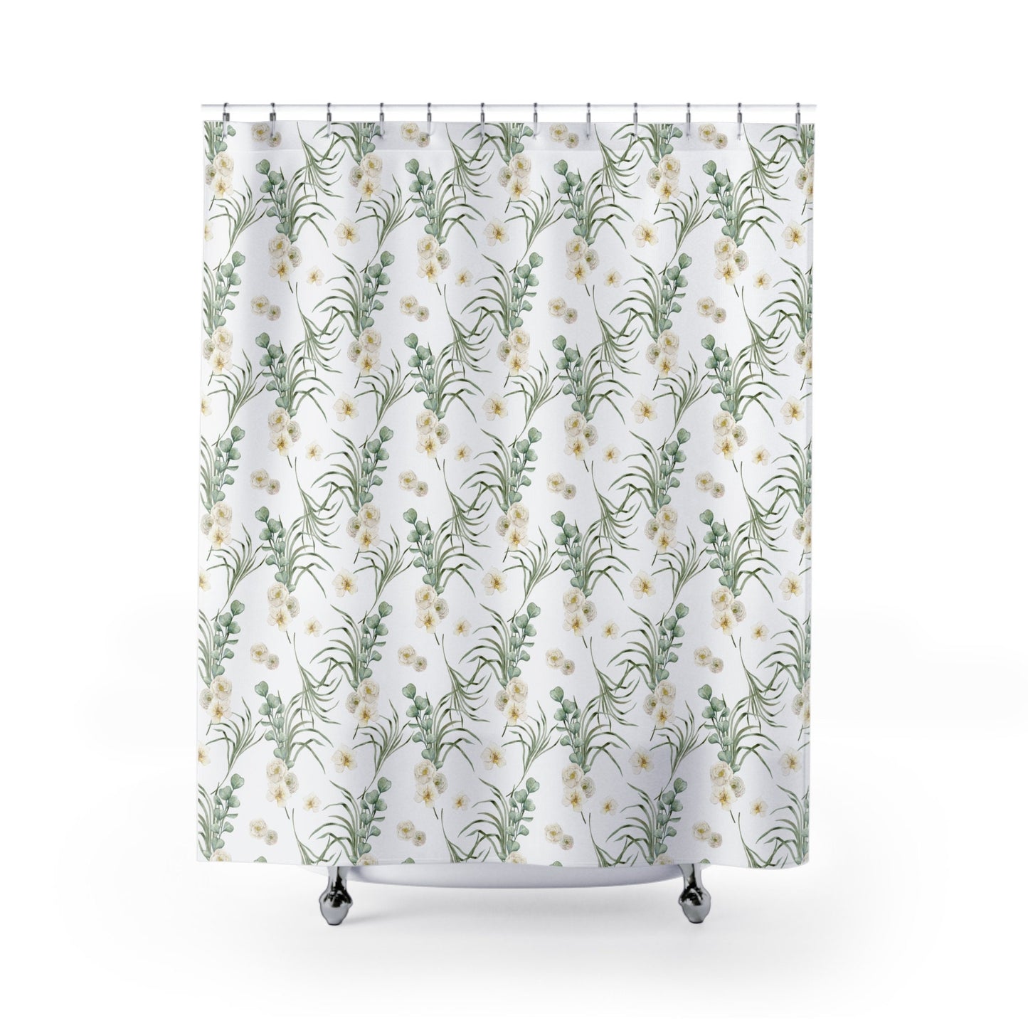 White Shower Curtain, Plant Bathroom, Green Bathroom, White Bathroom, Nature Curtain, Nature Decor, Botanical Decor, White Flowers