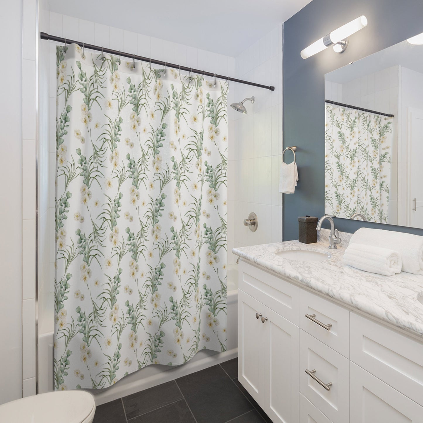 White Shower Curtain, Plant Bathroom, Green Bathroom, White Bathroom, Nature Curtain, Nature Decor, Botanical Decor, White Flowers