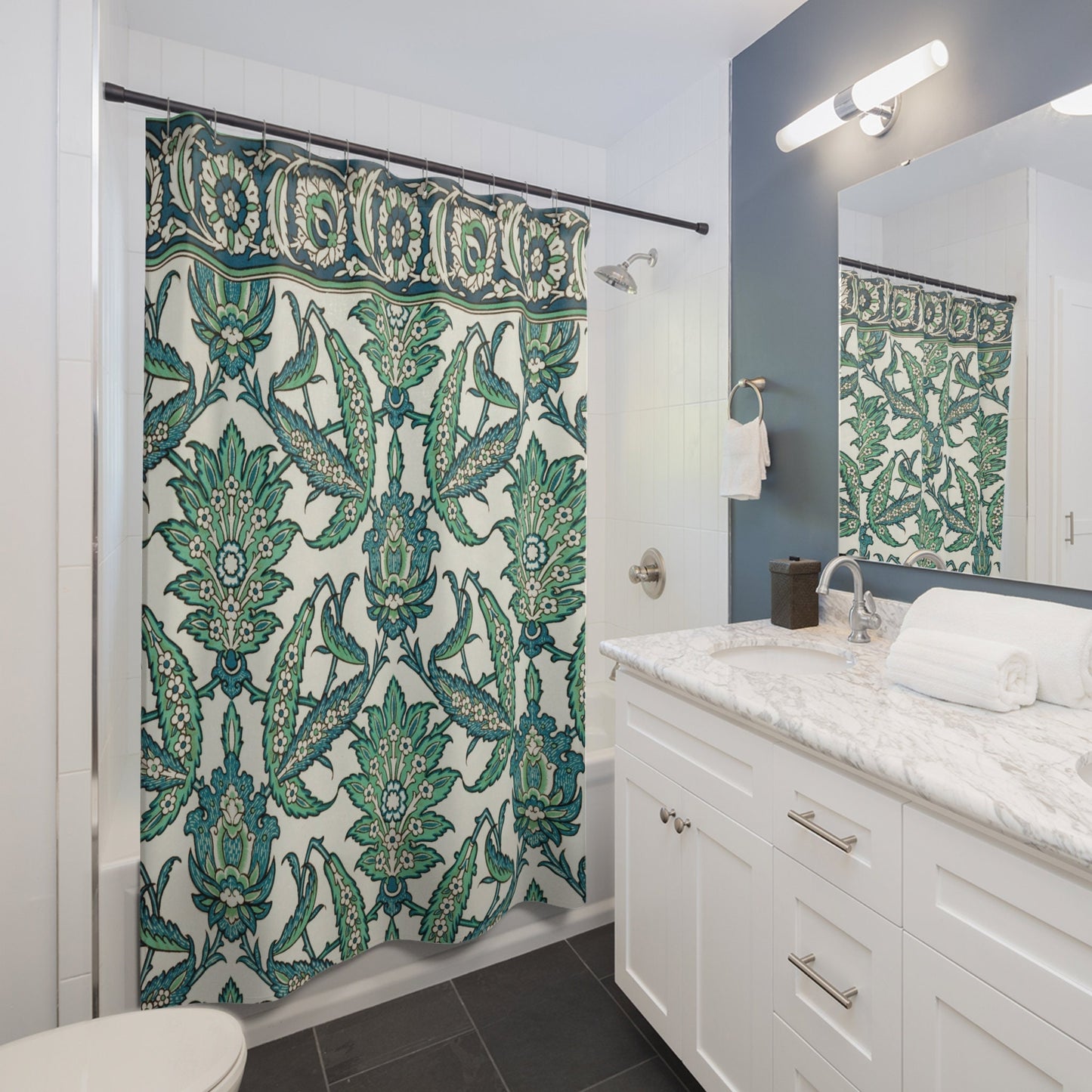 Arabian Shower Curtain, Green Blue Shower Curtain, Teal Bathroom, Green Bathroom, Botanical Decor, Floral Bathroom, Green Nature Pattern