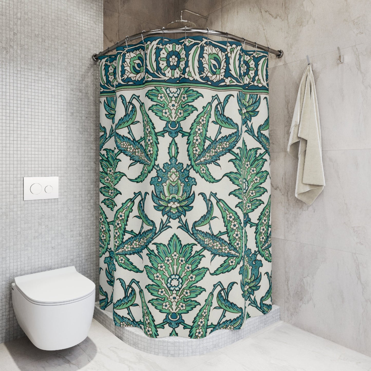 Arabian Shower Curtain, Green Blue Shower Curtain, Teal Bathroom, Green Bathroom, Botanical Decor, Floral Bathroom, Green Nature Pattern