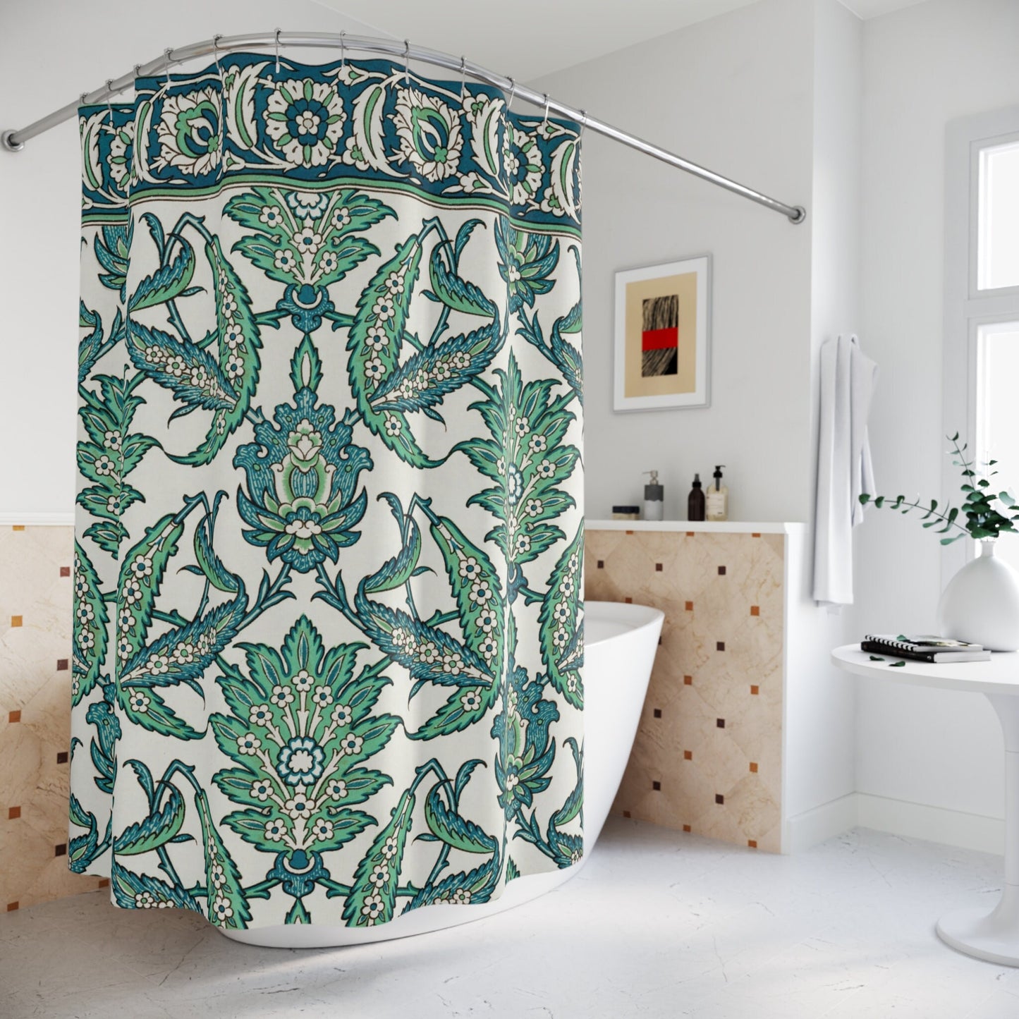 Arabian Shower Curtain, Green Blue Shower Curtain, Teal Bathroom, Green Bathroom, Botanical Decor, Floral Bathroom, Green Nature Pattern