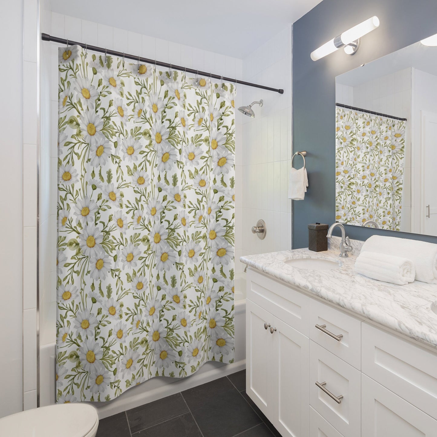 White Shower Curtain, Floral Bathroom, Floral Curtain, White Bathroom, Nature Bathroom, Botanical Decor, Daisy Decor, Flower Home Decor