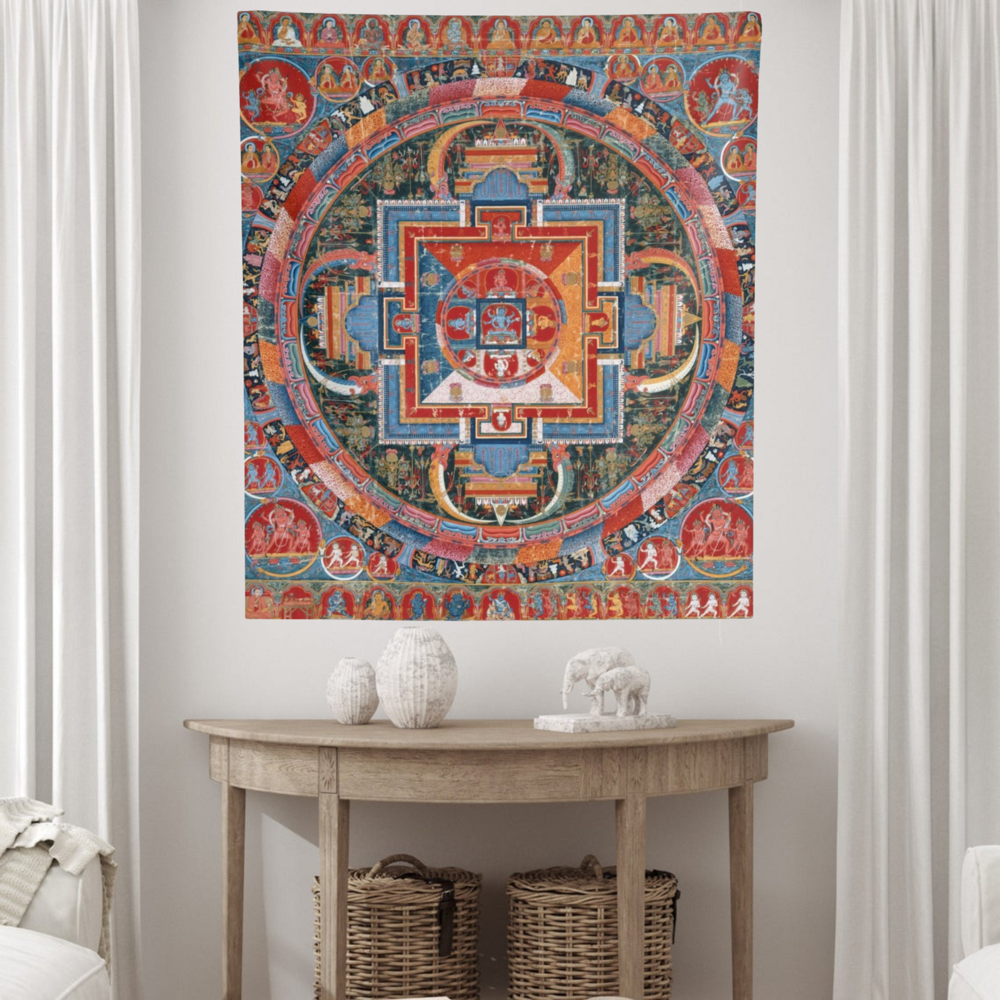 a room with a table and a painting on the wall