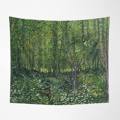 a painting of a forest filled with lots of trees