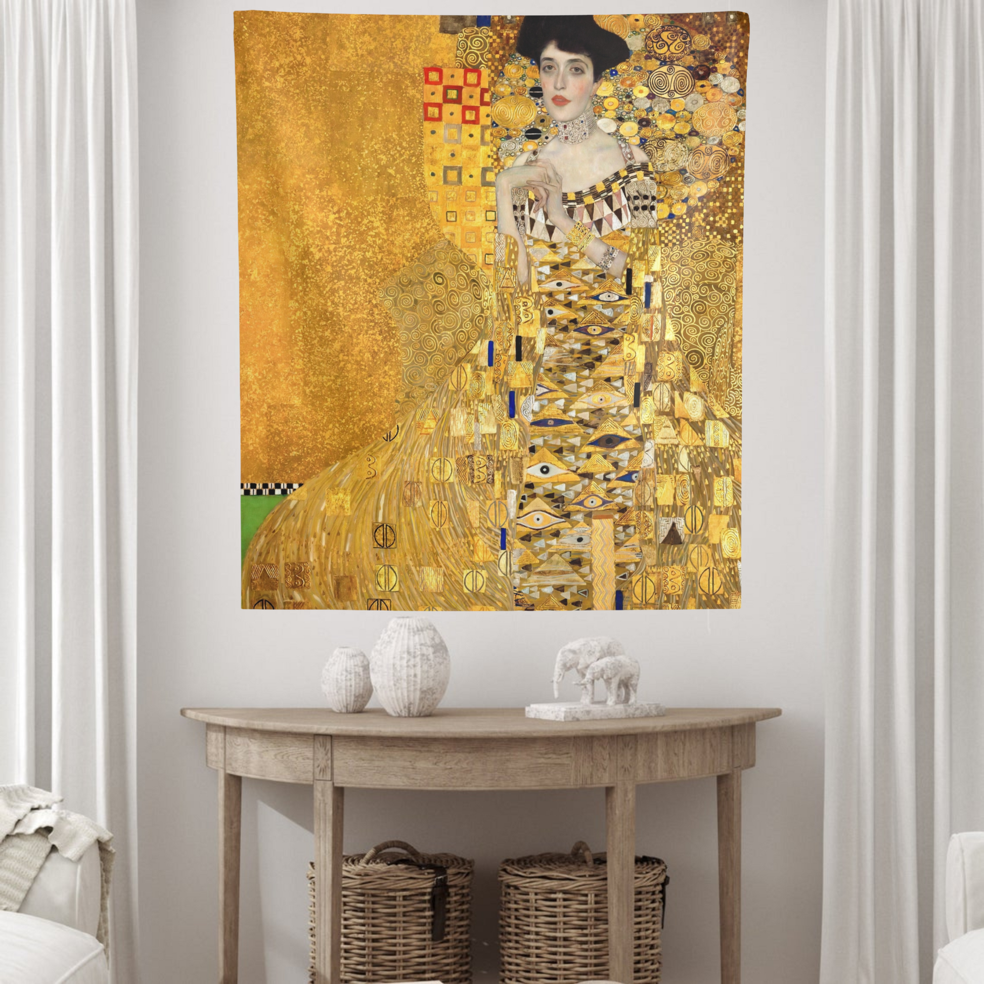 a painting on a wall above a table