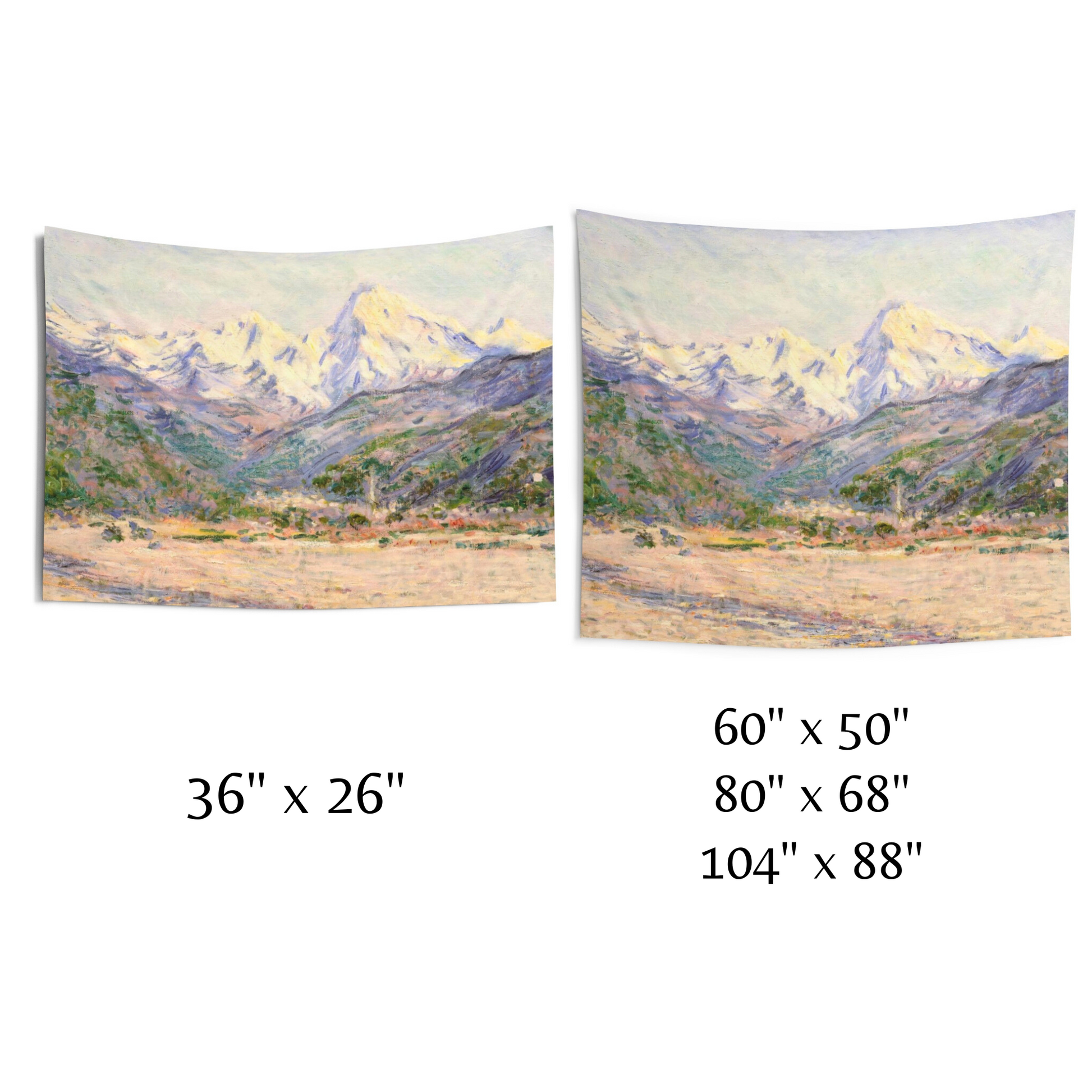 two paintings of mountains are shown with measurements