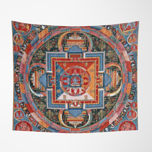 a tapestry hanging on the wall of a room