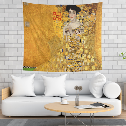 a living room with a white couch and a painting on the wall