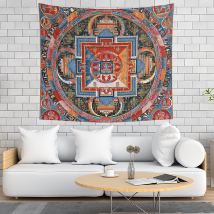 a living room with a large tapestry hanging on the wall
