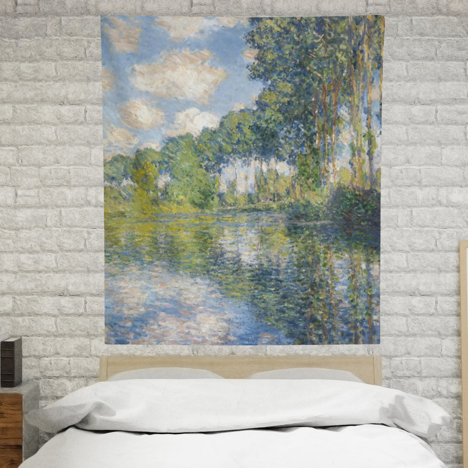 a bedroom with a large painting on the wall