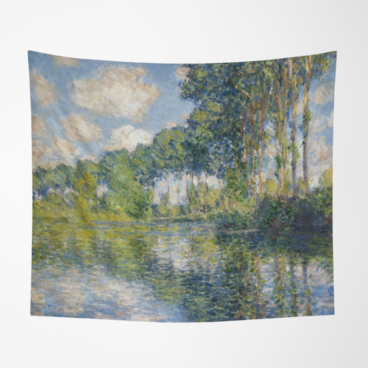 a painting of a river with trees and clouds