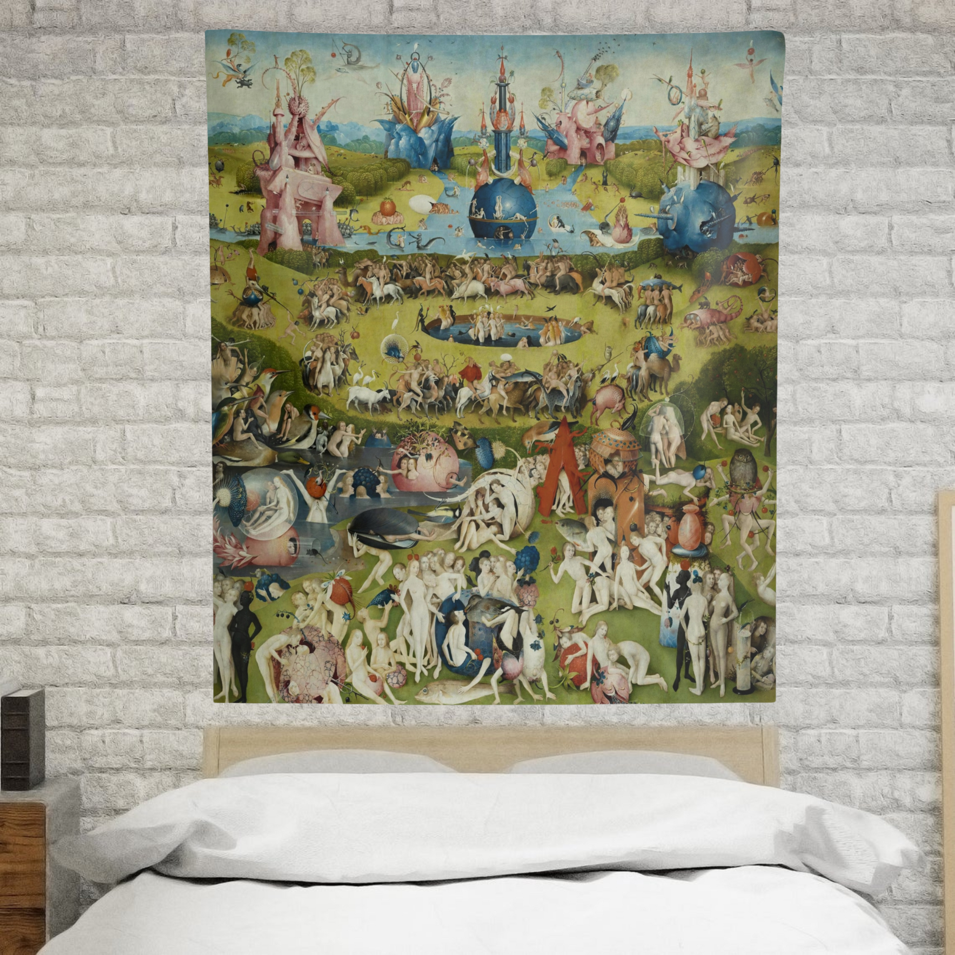 a painting on a brick wall above a bed
