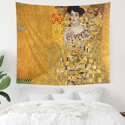 a painting of a woman in a yellow dress on a wall tapestry