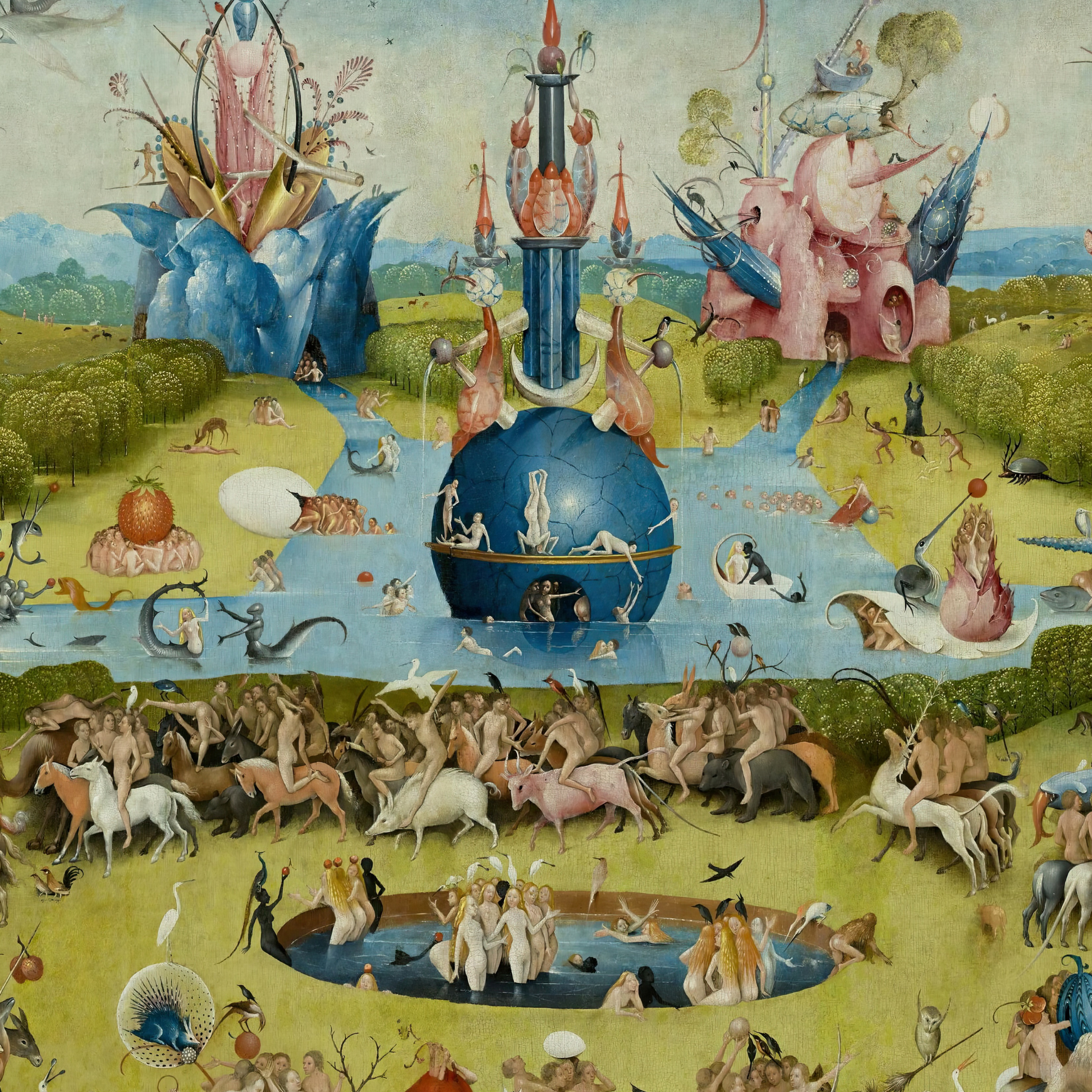 a painting of a large painting of animals and people