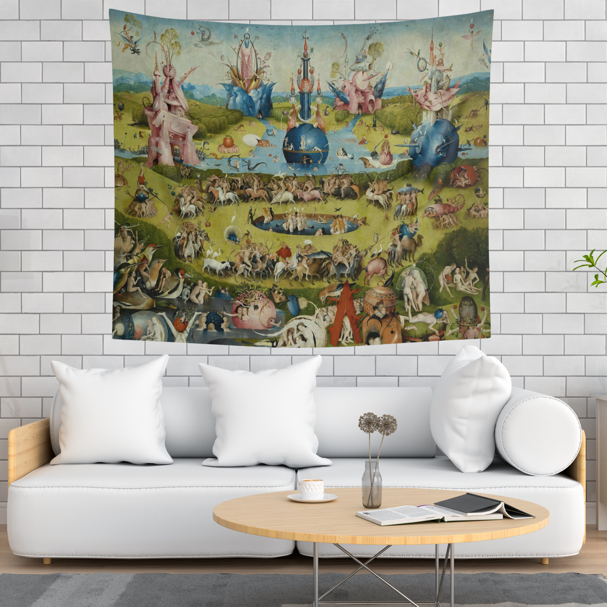 a large tapestry hanging on the wall of a living room