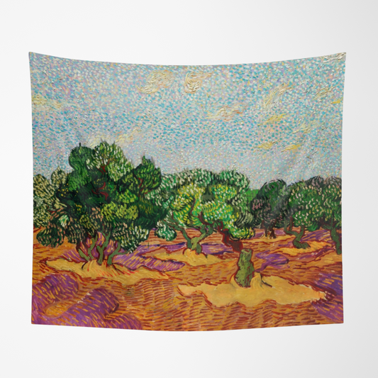a painting of a field with trees in the background