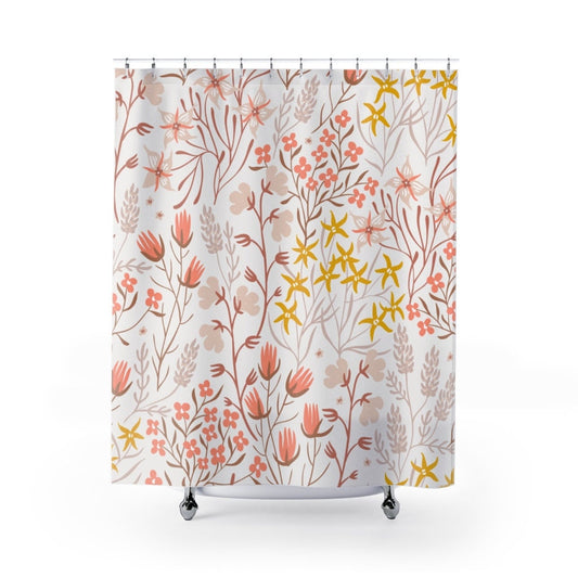 Floral Shower Curtain, Boho Shower Curtain, Pink Shower Curtain, Plant Shower, Peach Bathroom, Pink Yellow Bathroom, Botanical Bathroom