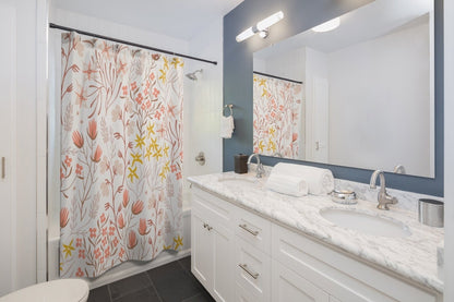 Floral Shower Curtain, Boho Shower Curtain, Pink Shower Curtain, Plant Shower, Peach Bathroom, Pink Yellow Bathroom, Botanical Bathroom