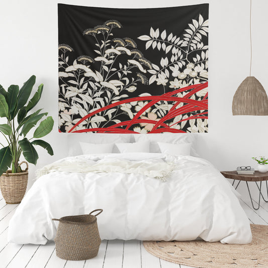 Red Black Japanese Botanical Wall Tapestry