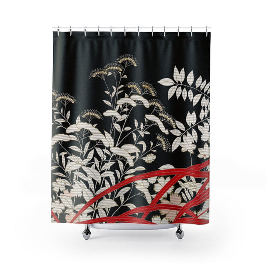 Red Shower Curtain, Black Shower Curtain, Japanese Curtain, Black Red Bathroom, Vintage Japanese, Red Bathroom, Black Bathroom Decor