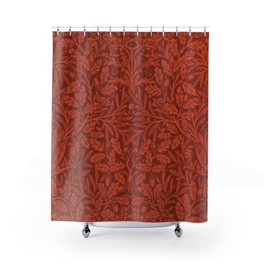 Red Shower Curtain, Red Bathroom Decor, William Morris, Autumn Decor, Acorn Decor, Nature Bathroom, Botanical Bathroom, Vintage Bathroom