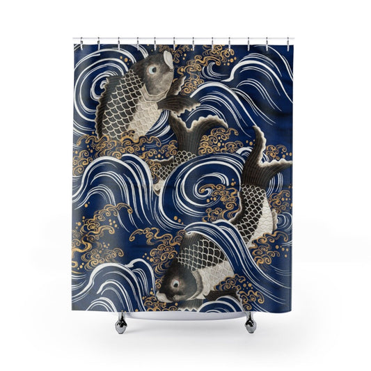 Japanese Shower Curtain, Koi Fish Decor, Japan Bathroom, Wave Shower Curtain, Vintage Japanese Art, Blue Shower Curtain, Japan Shower