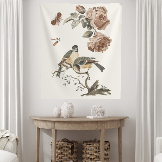 Vintage Bird Rose Pink Nature Painting Fine Art Wall Tapestry