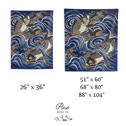 Blue Japanese Koi Fish Wall Tapestry