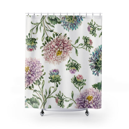 Floral Shower Curtain, Purple Shower Curtain, White Shower Curtain, Dahlia Flower, Boho Bathroom, Purple Bathroom, Botanical Bathroom