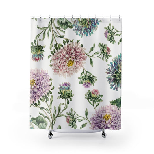 Floral Shower Curtain, Purple Shower Curtain, White Shower Curtain, Dahlia Flower, Boho Bathroom, Purple Bathroom, Botanical Bathroom