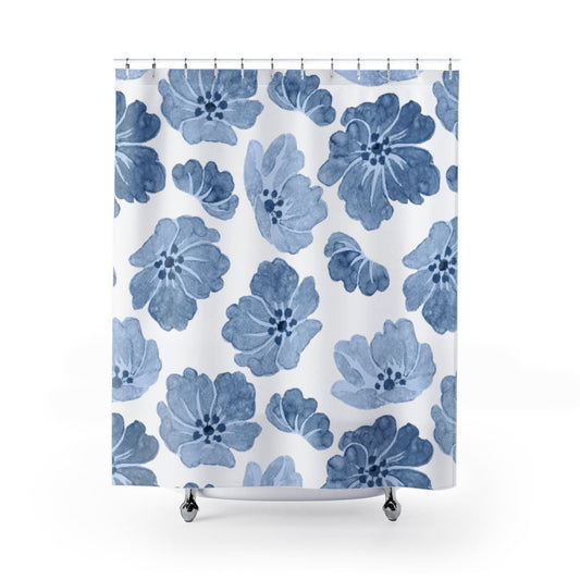 Blue Shower Curtain, Blue Bathroom Decor, Floral Shower Curtain, Blue Watercolor, Boho Shower Curtain, Boho Bathroom, Blue Flower