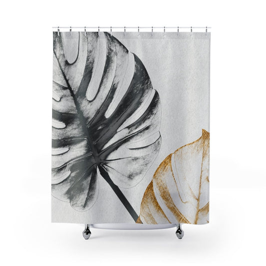 Monstera Shower Curtain, Gold Shower Curtain, Plant Bathroom, Gold Bathroom, Plant Curtain, Botanical Bathroom, Leaf Curtain, Gold Curtain