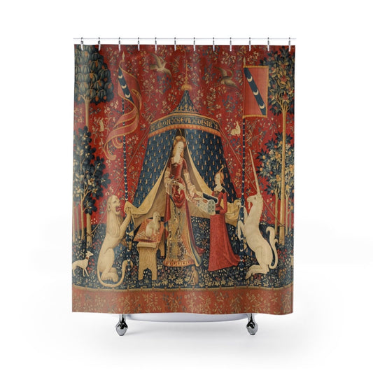 Medieval Shower Curtain, Red Shower Curtain, Lady and the Unicorn, Art Shower Curtain, Medieval Art, Mythology Decor, Red Bathroom Decor