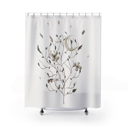 White Shower Curtain, Moon Shower Curtain, White Bathroom Decor, Botanical Bathroom, Boho Bathroom, Bohemian Shower, Simple Bathroom