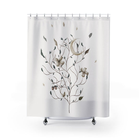 White Shower Curtain, Moon Shower Curtain, White Bathroom Decor, Botanical Bathroom, Boho Bathroom, Bohemian Shower, Simple Bathroom