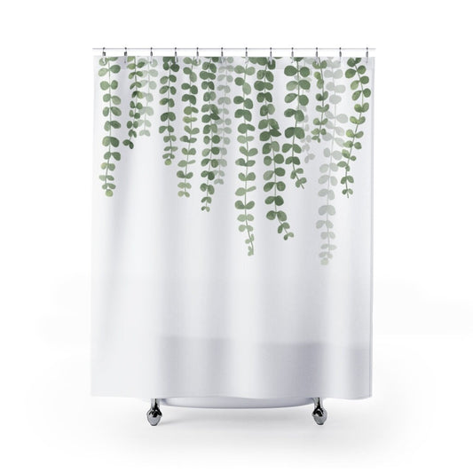 Botanical Shower Curtain, Eucalyptus Bathroom, Plant Shower Curtain, White Shower Curtain, Minimalist Shower Curtain, Green White Bathroom