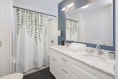 Botanical Shower Curtain, Eucalyptus Bathroom, Plant Shower Curtain, White Shower Curtain, Minimalist Shower Curtain, Green White Bathroom