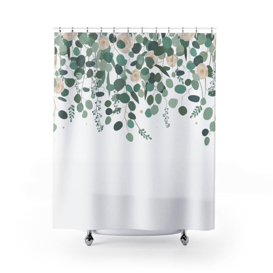 Plant Shower Curtain, Green Bathroom Decor, Eucalyptus Bathroom, Botanical Bathroom, Nature Bathroom, Rose Shower Curtain, White Bathroom