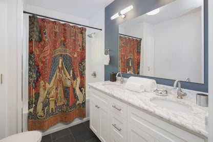 Medieval Shower Curtain, Red Shower Curtain, Lady and the Unicorn, Art Shower Curtain, Medieval Art, Mythology Decor, Red Bathroom Decor