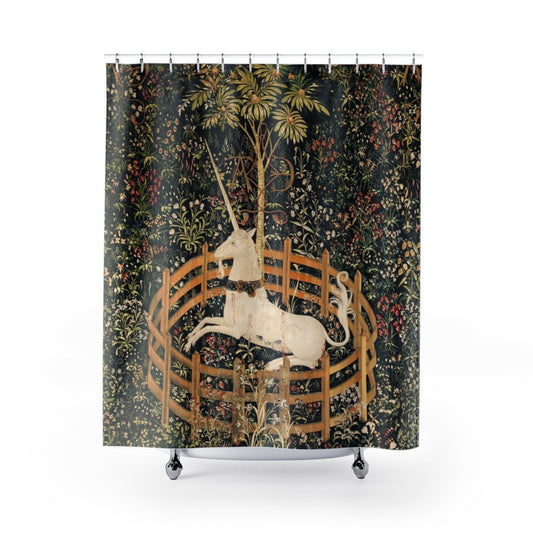 Unicorn Shower Curtain, Medieval Bathroom, Unicorn in Captivity, Mythology Decor, Unicorn Wall Art, Art Shower Curtain, Vintage Bathroom