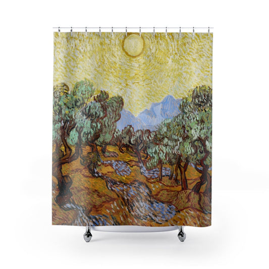 Van Gogh Shower Curtain, Olive Trees, Van Gogh Painting, Yellow Bathroom, Sun Shower Curtain, Tree Painting, Art Shower Curtain, Fine Art