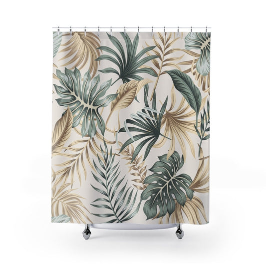 Plant Shower Curtain, Monstera Decor, Botanical Bathroom, Gold Shower Curtain, Tropical Bathroom, Botanical Curtain, Plant Bathroom