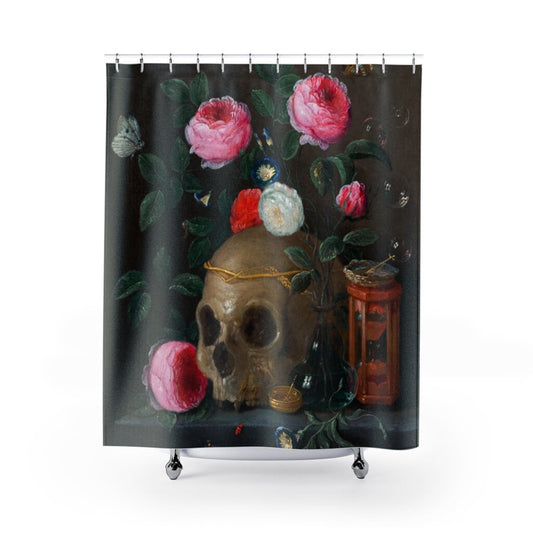 Skull Shower Curtain, Skull Flowers, Skull Painting, Vintage Bathroom, Gothic Bathroom, Gothic Painting, Medieval Bathroom, Skull Decor
