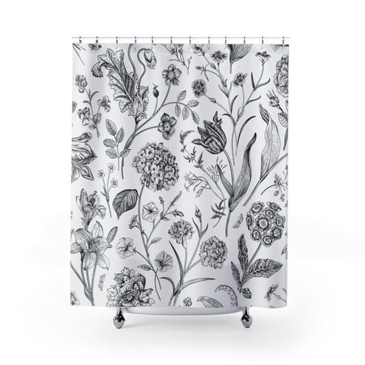 Plant Shower Curtain, Botanical Bathroom, Nature Shower Curtain, White Shower Curtain, Boho Shower Curtain, Botanical Decor, Plant Sketch