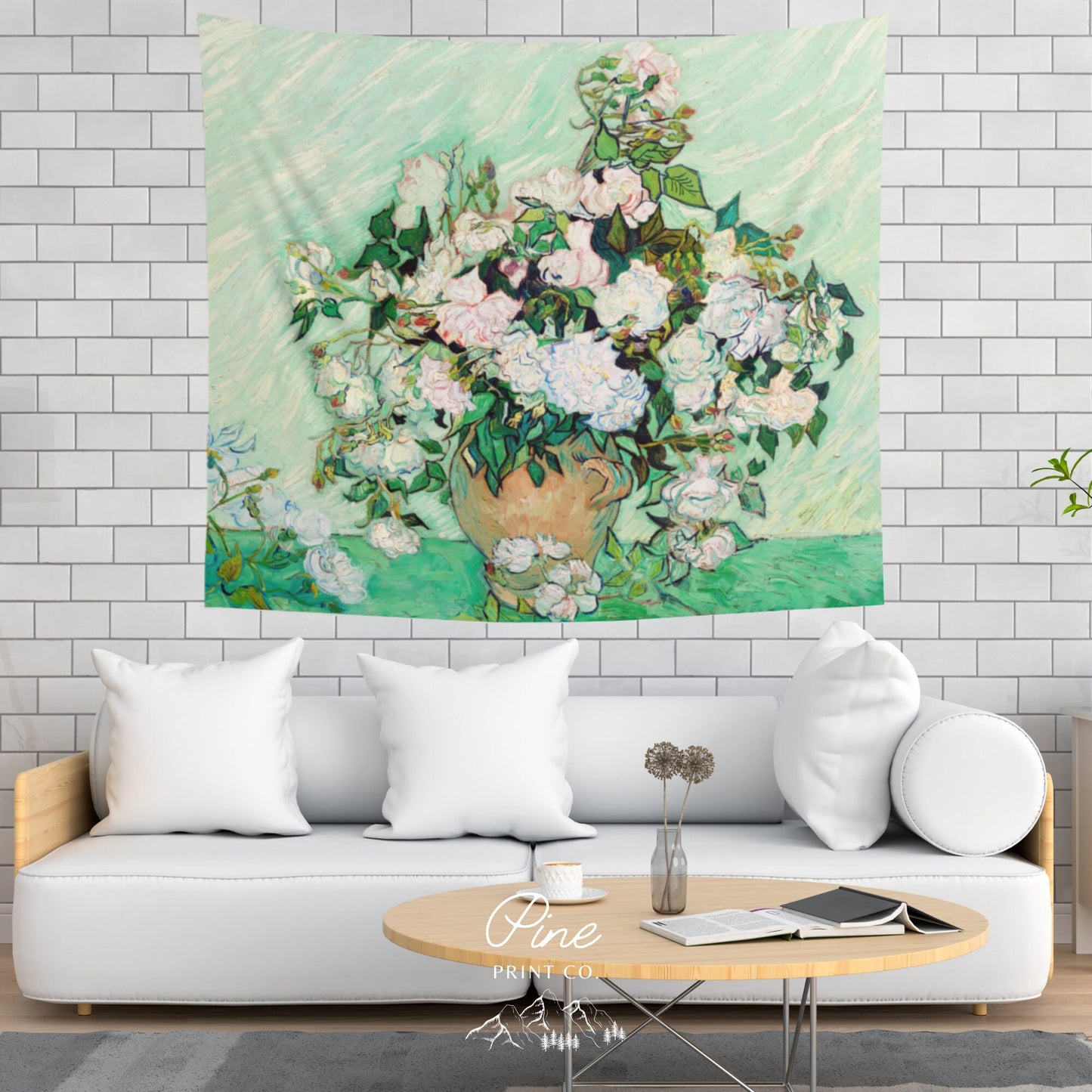 Vincent Van Gogh White Flower Painting Mint Green Wall Tapestry