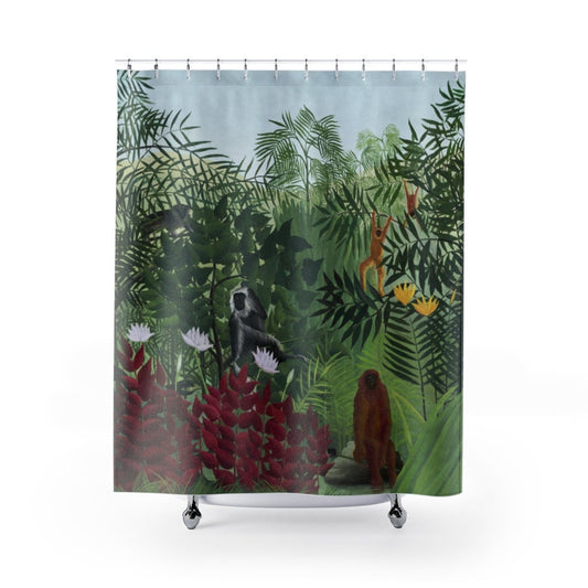 Tropical Shower Curtain, Jungle Bathroom, Tropical Bathroom, Monkey Decor, Botanical Curtain, Tropical Forest, Plant Curtain, Henri Rousseau